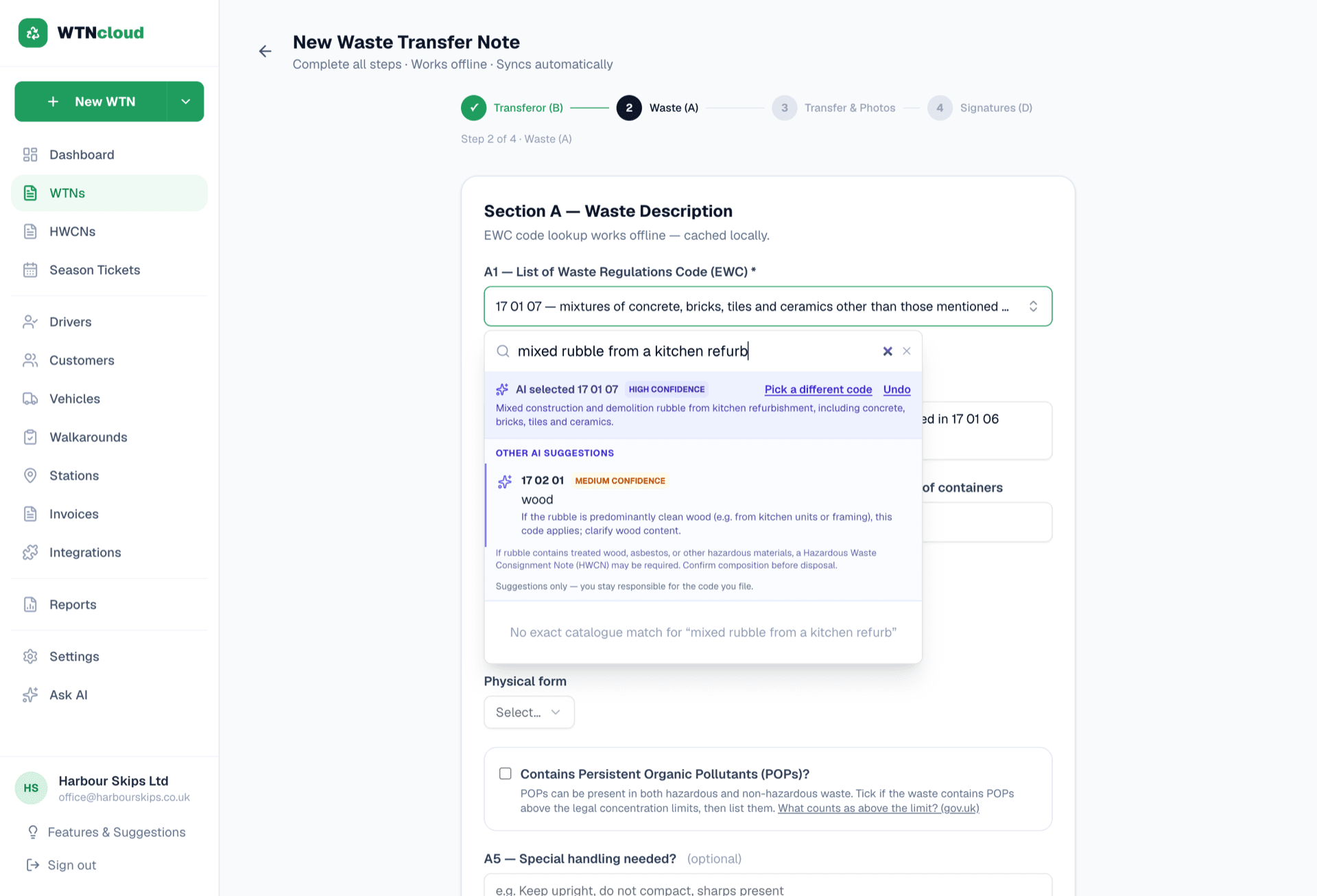 The WTNcloud dashboard: a new waste transfer note with the EWC box open. The waste is described as mixed rubble from a kitchen refurb, and the AI has selected 17 01 07 — mixtures of concrete, bricks, tiles and ceramics — with high confidence, showing its reasoning and an undo.