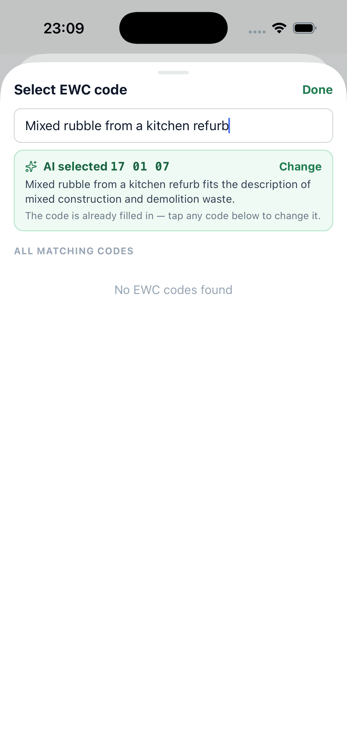The WTNcloud phone app: the EWC code picker with the same description typed in, having selected the same code — 17 01 07 — and explaining that mixed rubble from a kitchen refurb is mixed construction and demolition waste.