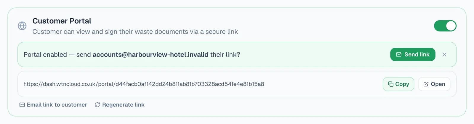 The Customer Portal card on a customer's page, switched on: “Portal enabled — send accounts@harbourview-hotel.invalid their link?” with a Send link button, the customer's private portal address with Copy and Open buttons, and Email link to customer and Regenerate link underneath.