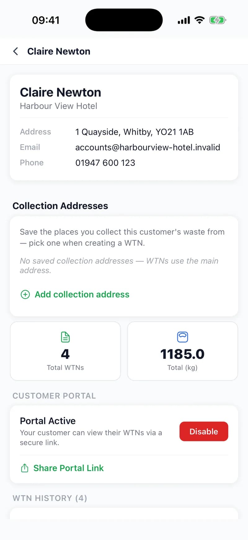 Claire Newton of Harbour View Hotel in the WTNcloud phone app: address, email and phone, collection addresses, 4 WTNs totalling 1185.0 kg, and a Customer Portal card reading “Portal Active — Your customer can view their WTNs via a secure link” with a red Disable button and Share Portal Link underneath.