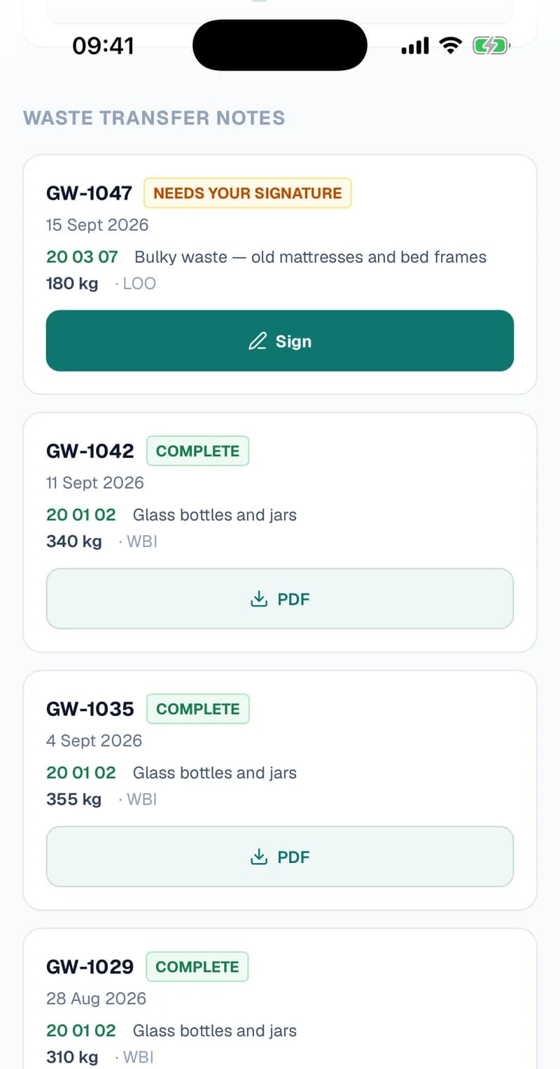 Harbour View Hotel's portal in Safari on an iPhone, scrolled to Waste Transfer Notes: GW-1047, bulky waste — old mattresses and bed frames, 180 kg, marked Needs your signature with a full-width Sign button, above completed glass collections with PDF buttons.