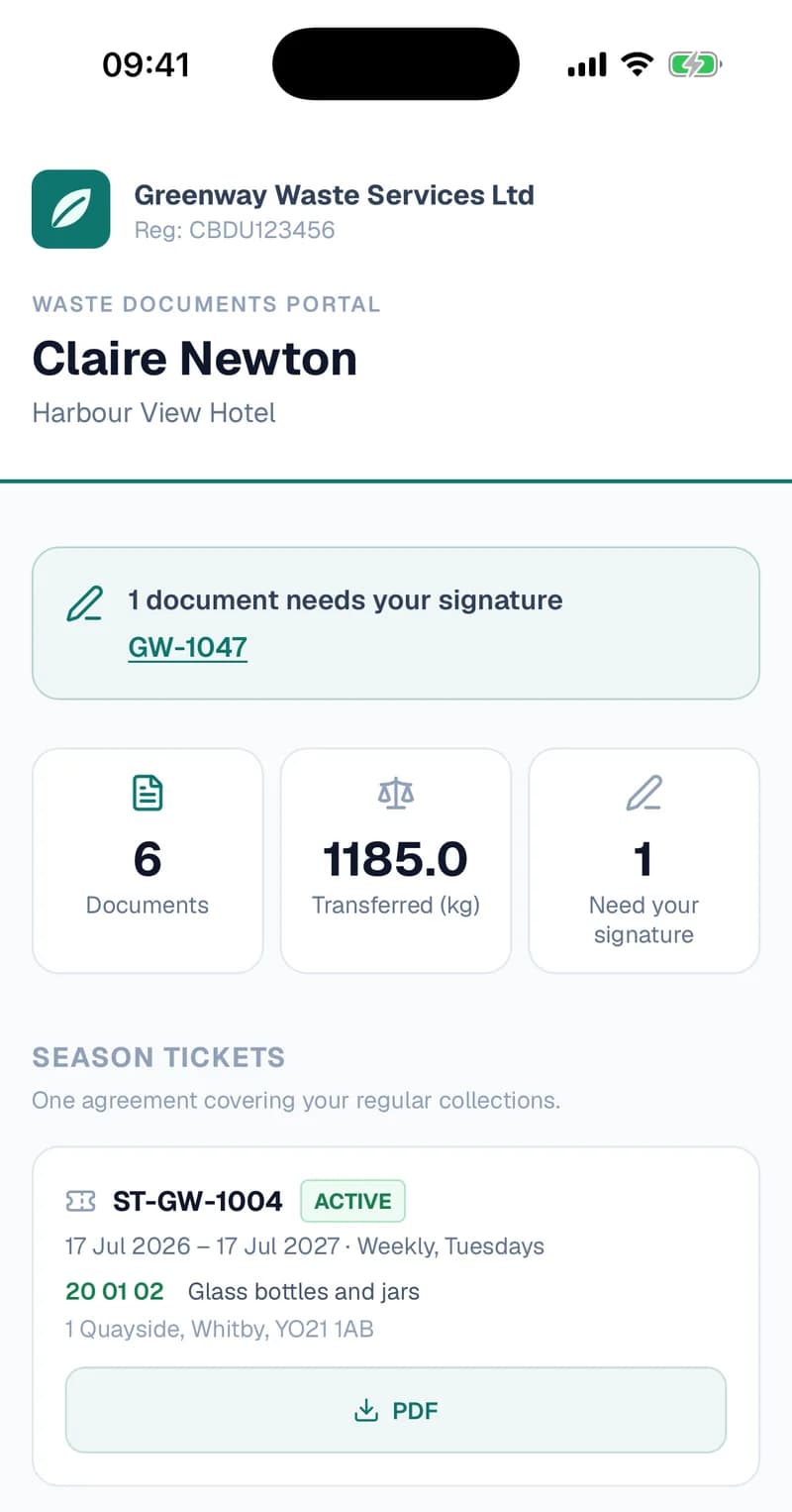 The same portal in Safari on an iPhone: the carrier's logo, the customer's name, the signature banner, the three totals and the season ticket, stacked to fit the screen.