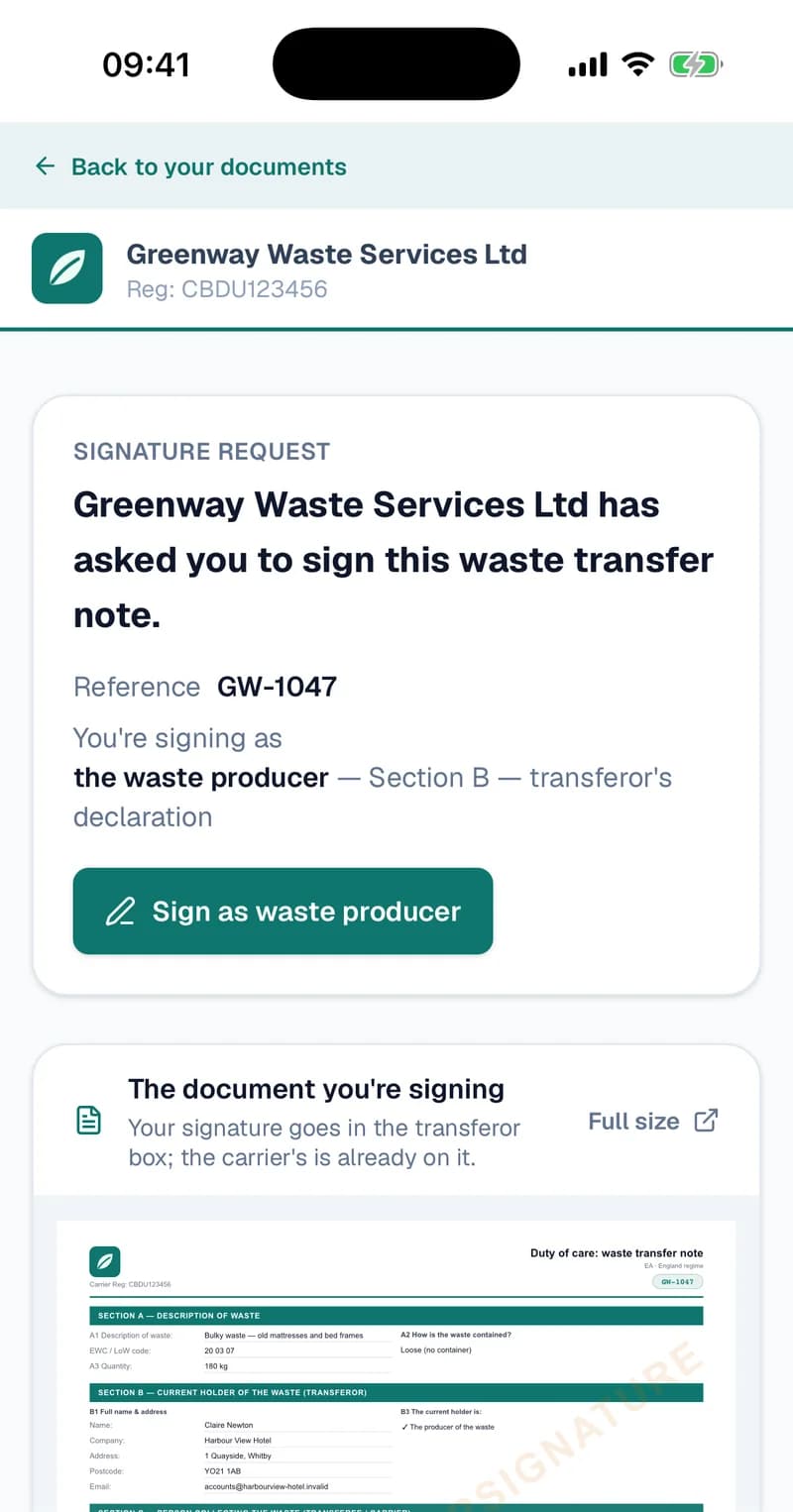 The signing page opened from the portal on an iPhone: a “Back to your documents” bar, Greenway Waste Services' logo and registration, “Greenway Waste Services Ltd has asked you to sign this waste transfer note”, reference GW-1047, a Sign as waste producer button, and a preview of the note underneath.