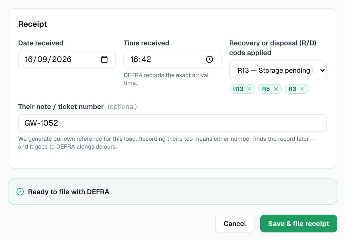 The receipt section of the form: date and time received, R/D code R13 storage pending with R13, R5 and R3 pinned, and their note number GW-1052, above a green “Ready to file with DEFRA” panel and the Save & file receipt button.