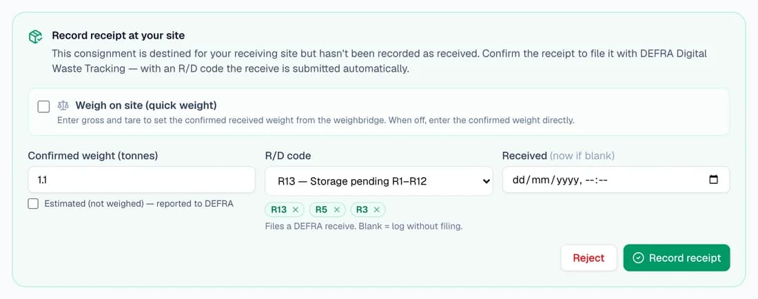 The Record receipt at your site card on a waste transfer note: a weigh-on-site option, confirmed weight 1.1 tonnes, R/D code R13 with pinned codes, a received date, and Reject and Record receipt buttons. The hint says an R/D code files a DEFRA receive and blank logs without filing.