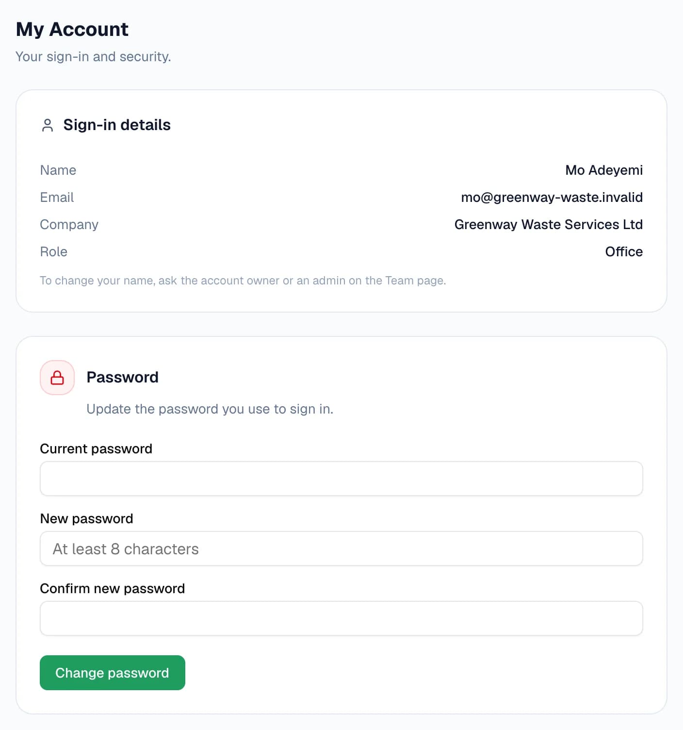 My Account for an office login: Name Mo Adeyemi, Email mo@greenway-waste.invalid, Company Greenway Waste Services Ltd, Role Office, then a Password card with Current password, New password and Confirm new password fields and a Change password button.