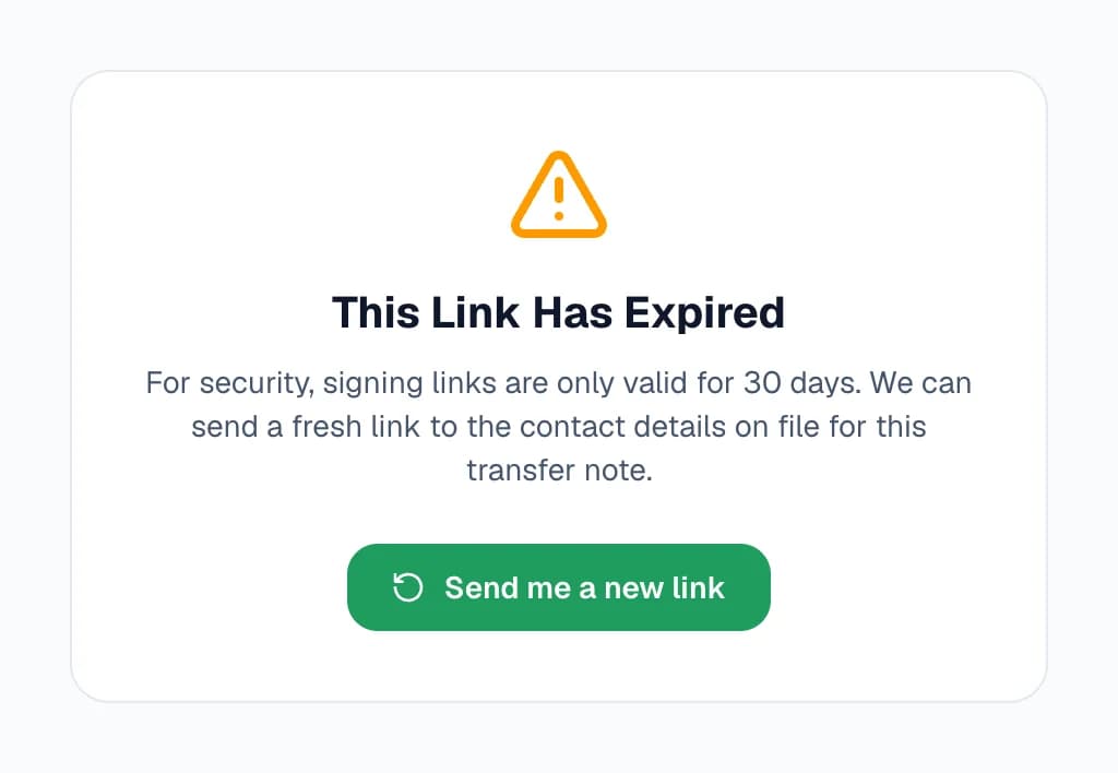 The page an expired signing link shows: “This Link Has Expired. For security, signing links are only valid for 30 days. We can send a fresh link to the contact details on file for this transfer note”, with a Send me a new link button.
