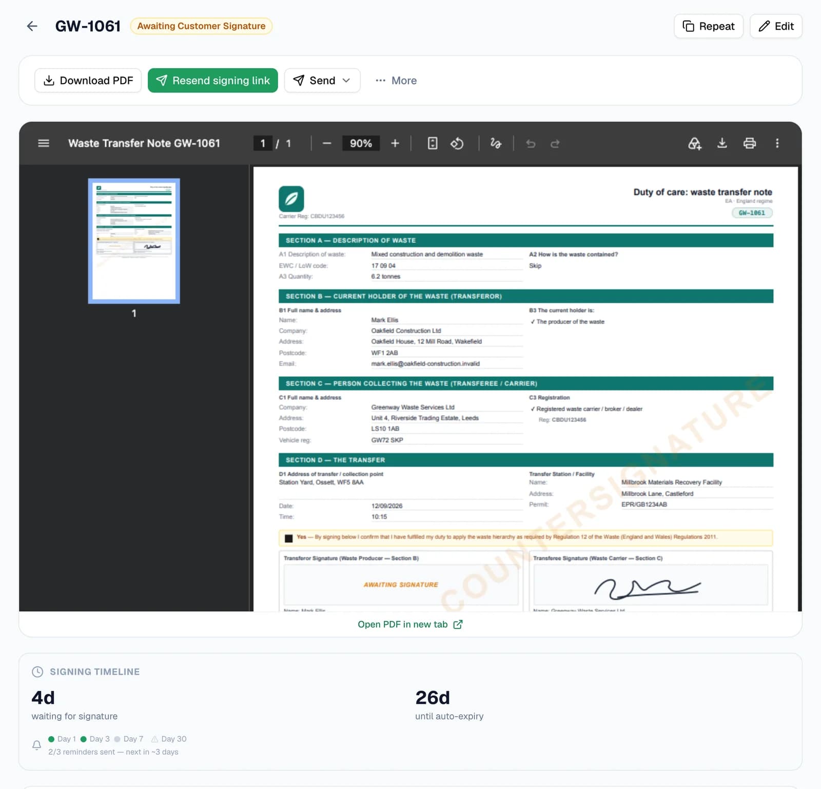Waste transfer note GW-1061 marked Awaiting Customer Signature, with Download PDF, Resend signing link and Send buttons above the note's PDF, and a Signing timeline card: 4 days waiting for signature, 26 days until the link expires, and 2 of 3 reminders sent, the next in about 3 days.