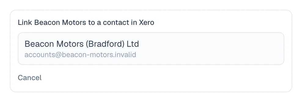 The contact panel open: “Link Beacon Motors to a contact in Xero”, offering Beacon Motors (Bradford) Ltd, accounts@beacon-motors.invalid, with a Cancel link.