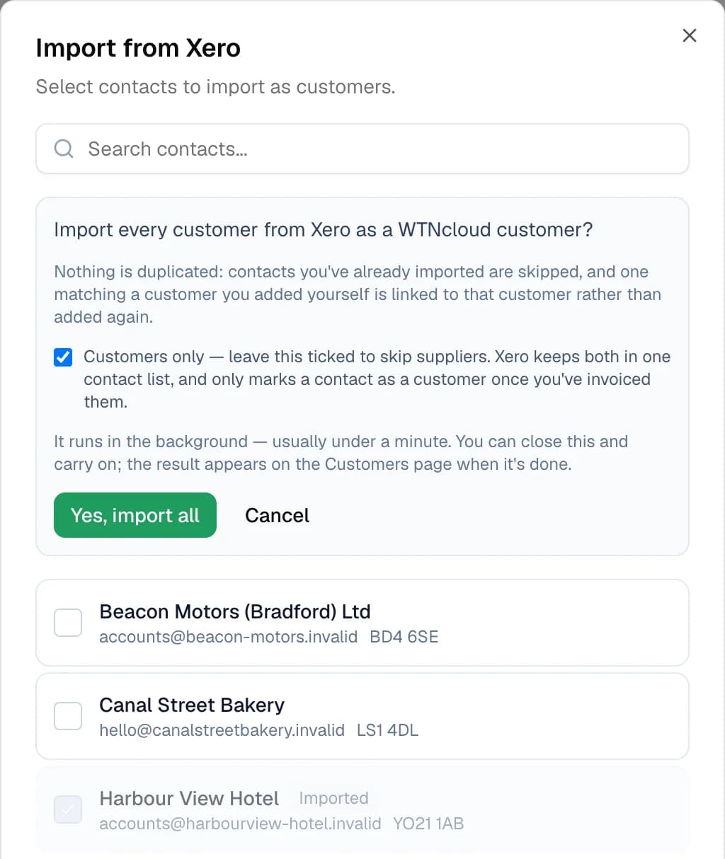 The Import from Xero dialog on the Customers page, confirming “Import every customer from Xero as a WTNcloud customer?” with “Customers only” ticked and a Yes, import all button, above the start of the Xero contact list, where Harbour View Hotel is already marked Imported.