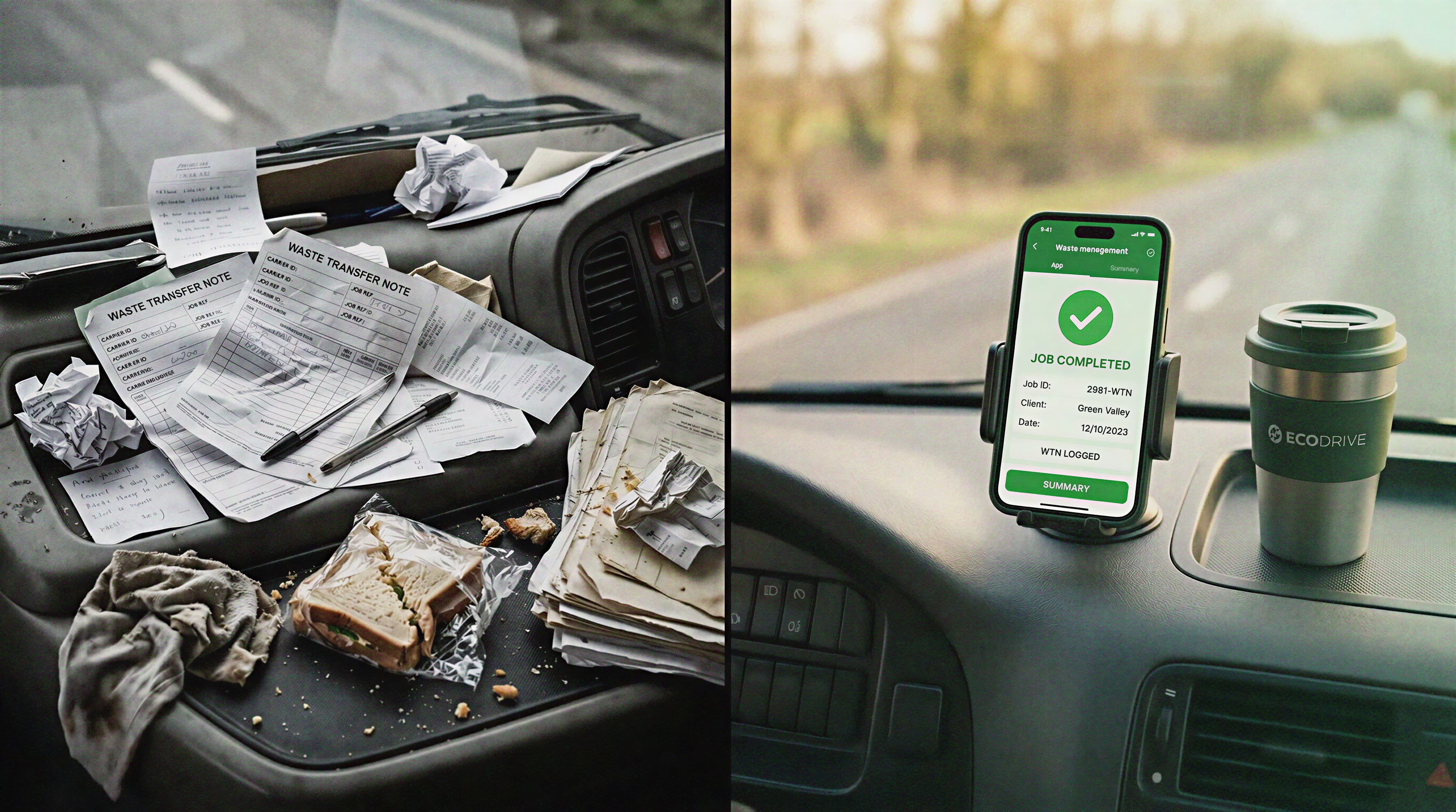 Before: paper WTNs piled up in a van cab. After: clean app on phone mount showing job completed.