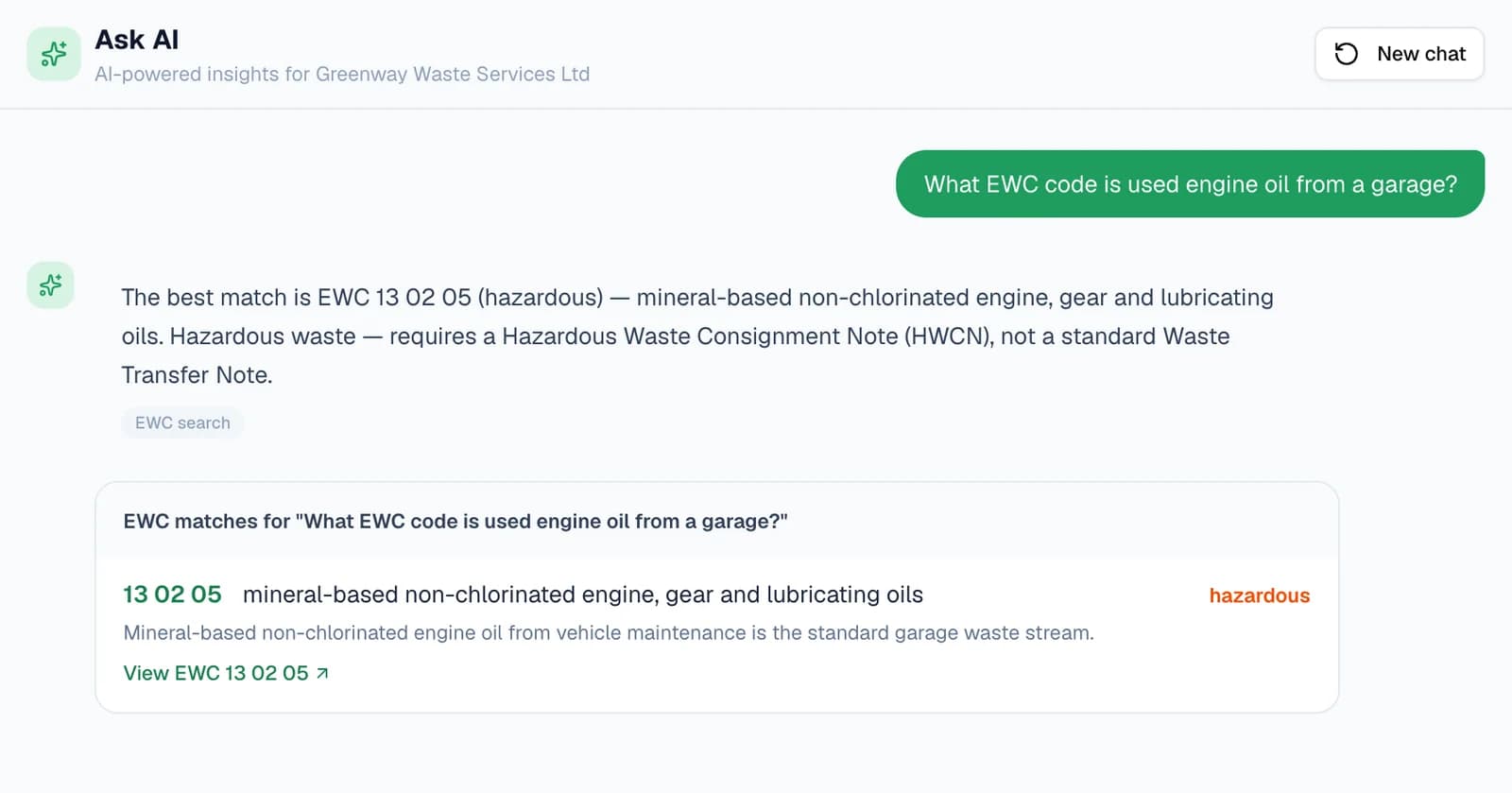Ask AI answering “What EWC code is used engine oil from a garage?”: the best match is EWC 13 02 05, mineral-based non-chlorinated engine, gear and lubricating oils, hazardous, needing a Hazardous Waste Consignment Note. Below, the match is listed with a hazardous label, its reason and a View EWC 13 02 05 link.