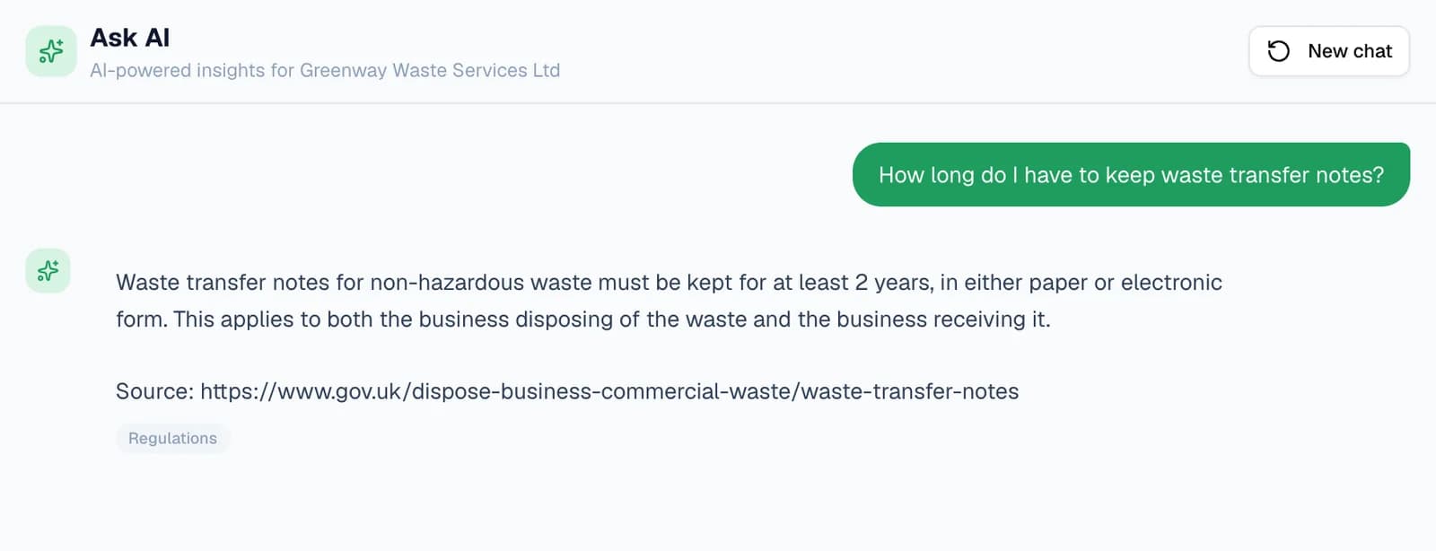 Ask AI answering “How long do I have to keep waste transfer notes?”: at least 2 years, on paper or electronically, for both the business disposing of the waste and the business receiving it, followed by the source gov.uk/dispose-business-commercial-waste/waste-transfer-notes and a Regulations label.