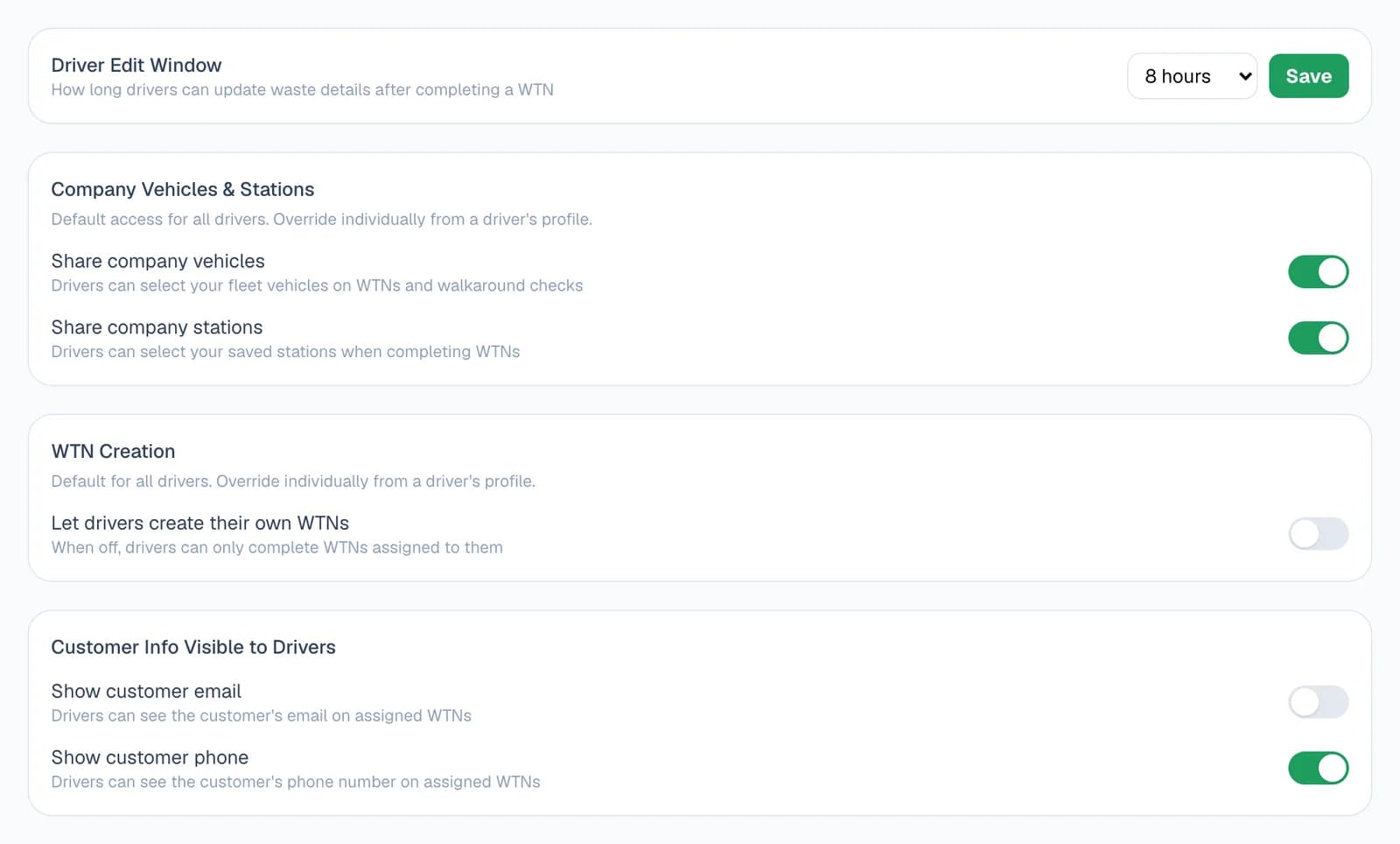 The driver settings on the Drivers page: Driver Edit Window set to 8 hours; Share company vehicles and Share company stations switched on; Let drivers create their own WTNs switched off; Show customer email off and Show customer phone on.