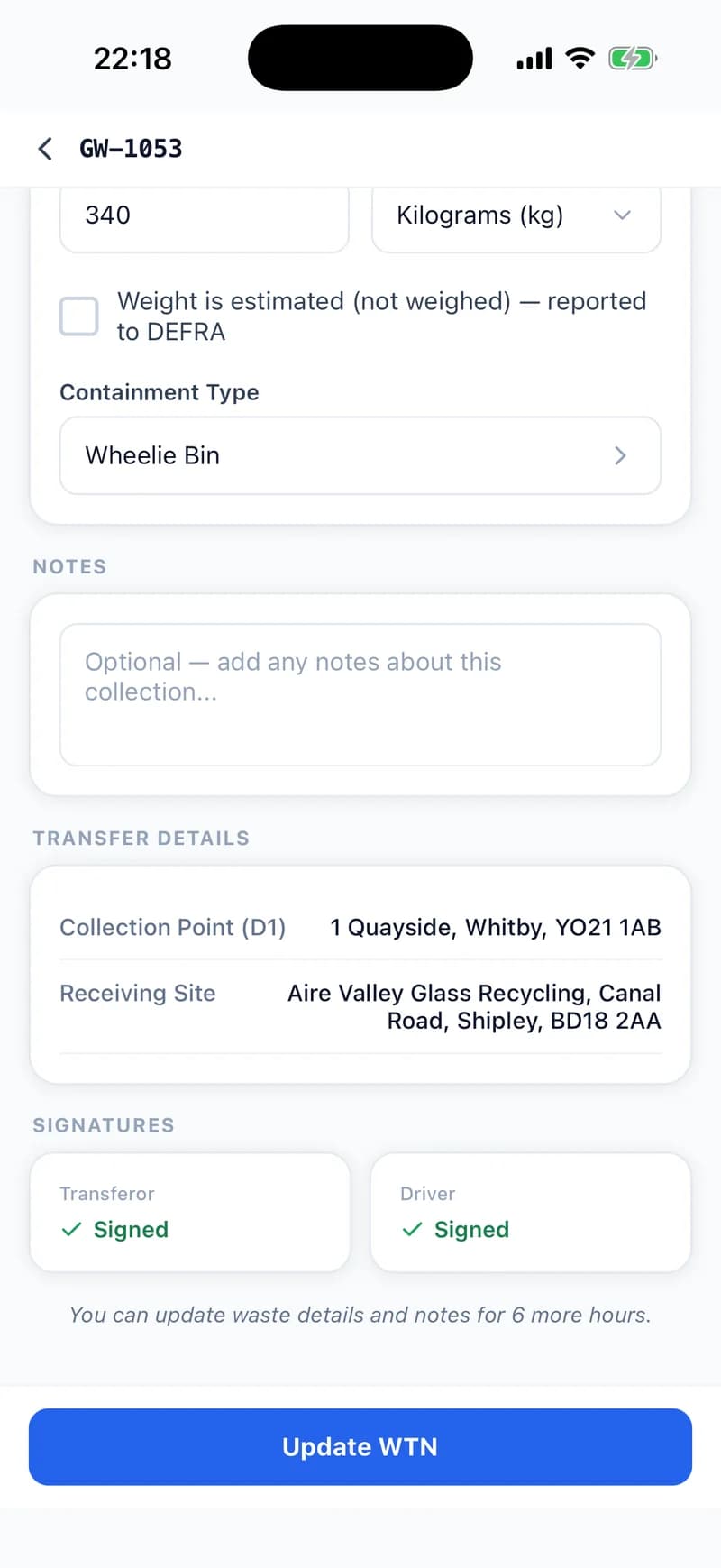 GW-1053, a job the driver completed this morning, open in the WTNcloud app: the quantity, container and notes still editable, both signatures marked Signed, the line “You can update waste details and notes for 6 more hours” and an Update WTN button.