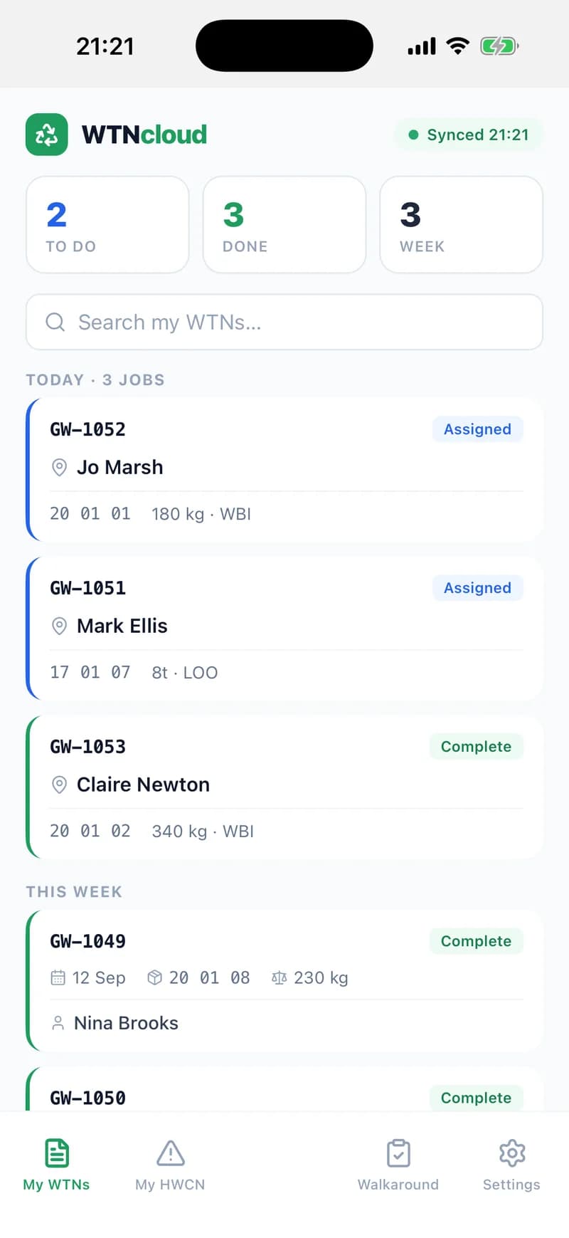 The WTNcloud app signed in as a driver: 2 to do and 3 done, then “Today · 3 jobs” with two assigned jobs, GW-1052 for Jo Marsh and GW-1051 for Mark Ellis, above one already complete. The tabs along the bottom read My WTNs, My HWCN, Walkaround and Settings.