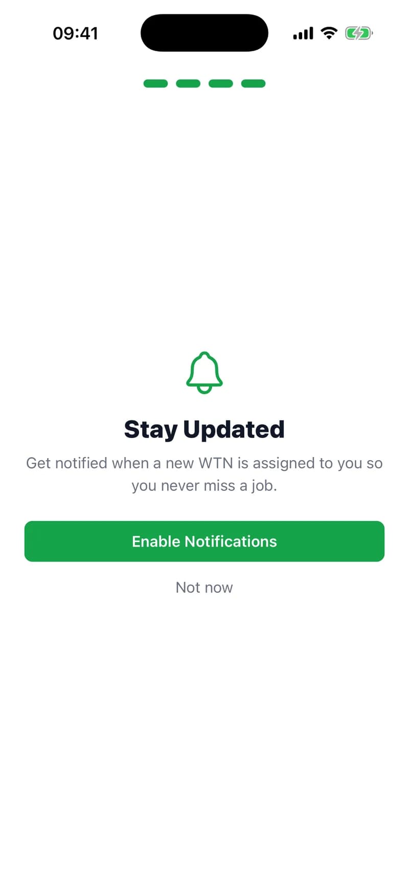 The last screen of the driver's setup, “Stay Updated”, offering notifications when a new WTN is assigned to them, with Enable Notifications and Not now buttons.