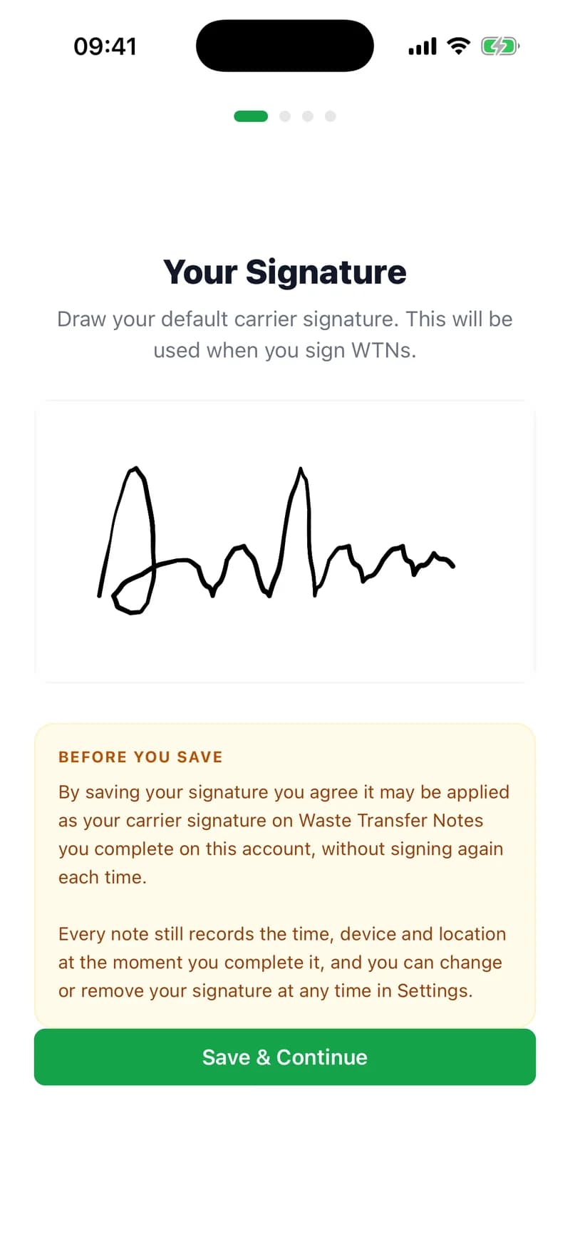 The first screen of the driver's setup in the WTNcloud app, “Your Signature”, asking them to draw the carrier signature used when they sign WTNs, with a signature drawn in the box and a Save & Continue button.