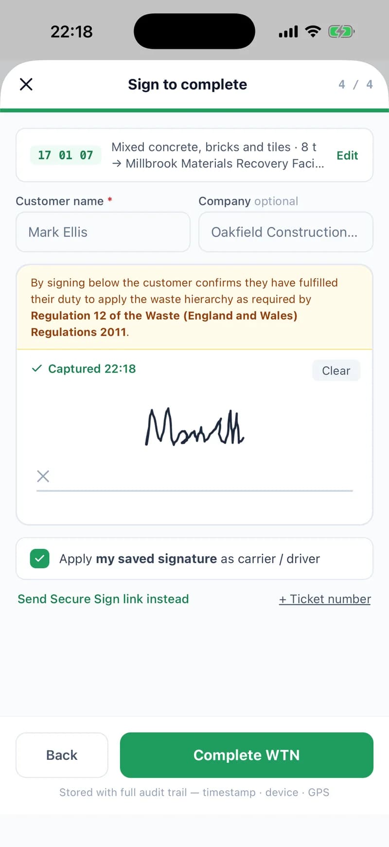 The last step of the same job, Sign to complete: 8 tonnes of mixed concrete, bricks and tiles going to Millbrook, customer Mark Ellis with his signature captured, “Apply my saved signature as carrier / driver” ticked, and a Complete WTN button.