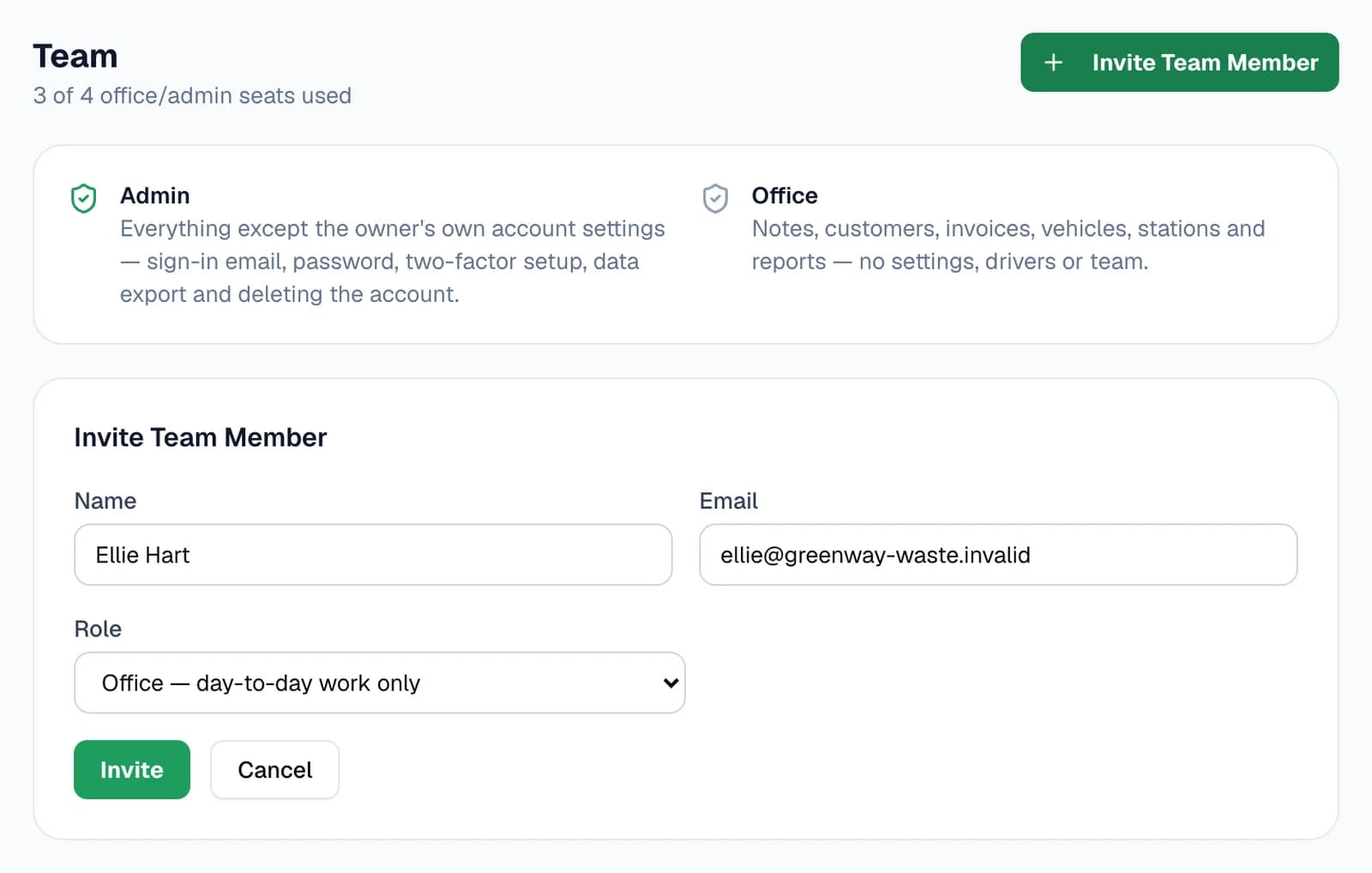 The Invite Team Member form on the Team page, under the Admin and Office role descriptions: Name Ellie Hart, Email ellie@greenway-waste.invalid, Role “Office — day-to-day work only”, with Invite and Cancel buttons.