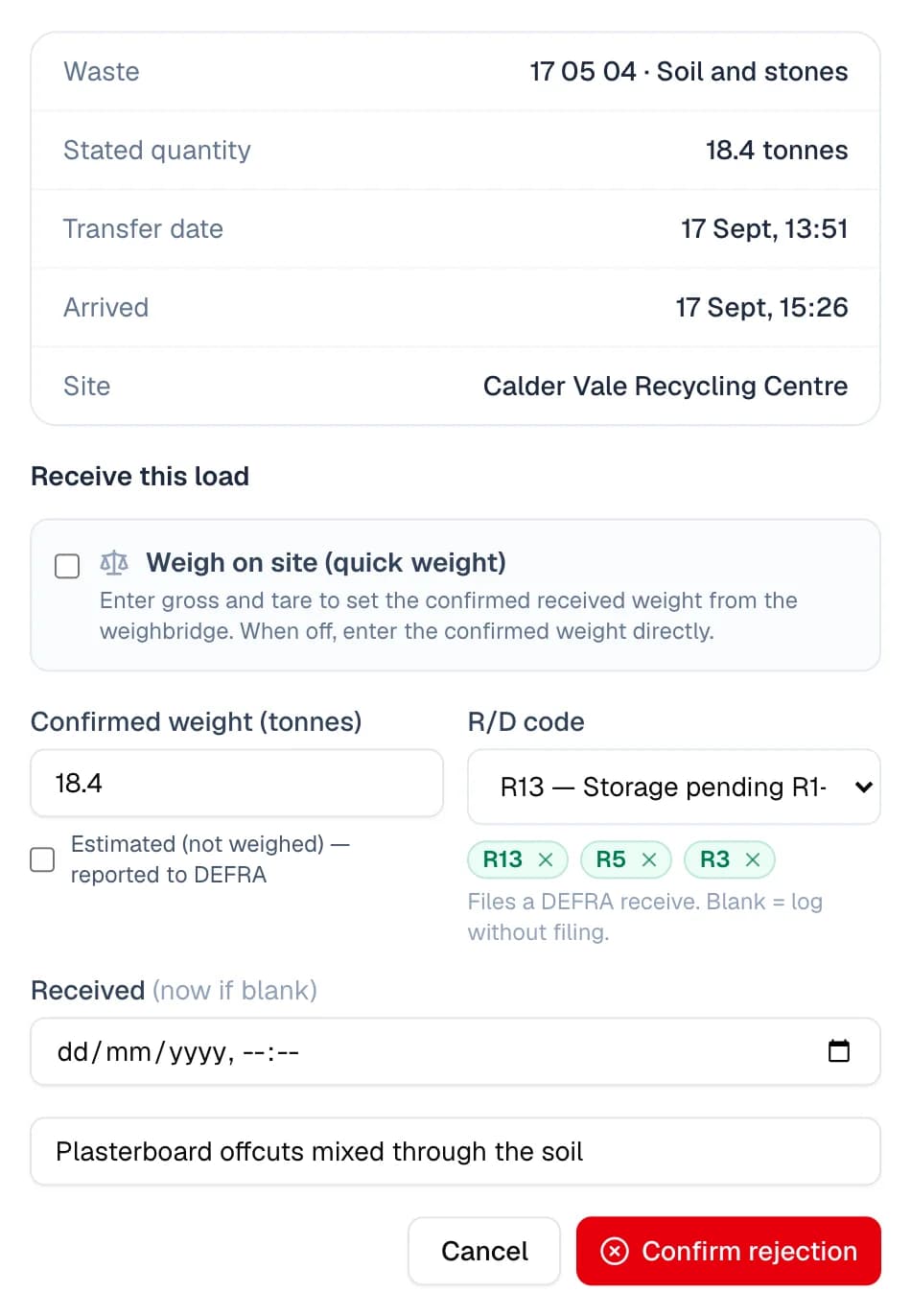The same pop-up after pressing Reject: the load's waste (17 05 04, soil and stones), stated quantity 18.4 tonnes, transfer date, arrival and site, then the receipt form with the reason “Plasterboard offcuts mixed through the soil” typed under the weight, R/D code and received fields, and Cancel and Confirm rejection buttons.