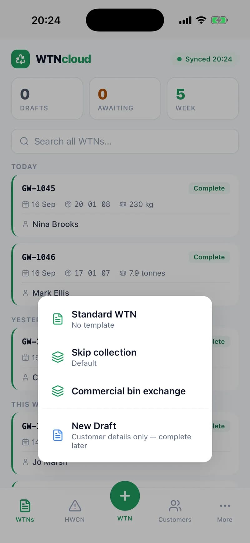 The WTNcloud app after a press and hold on the green + button: a menu listing Standard WTN (no template), Skip collection marked Default, Commercial bin exchange, and New Draft.