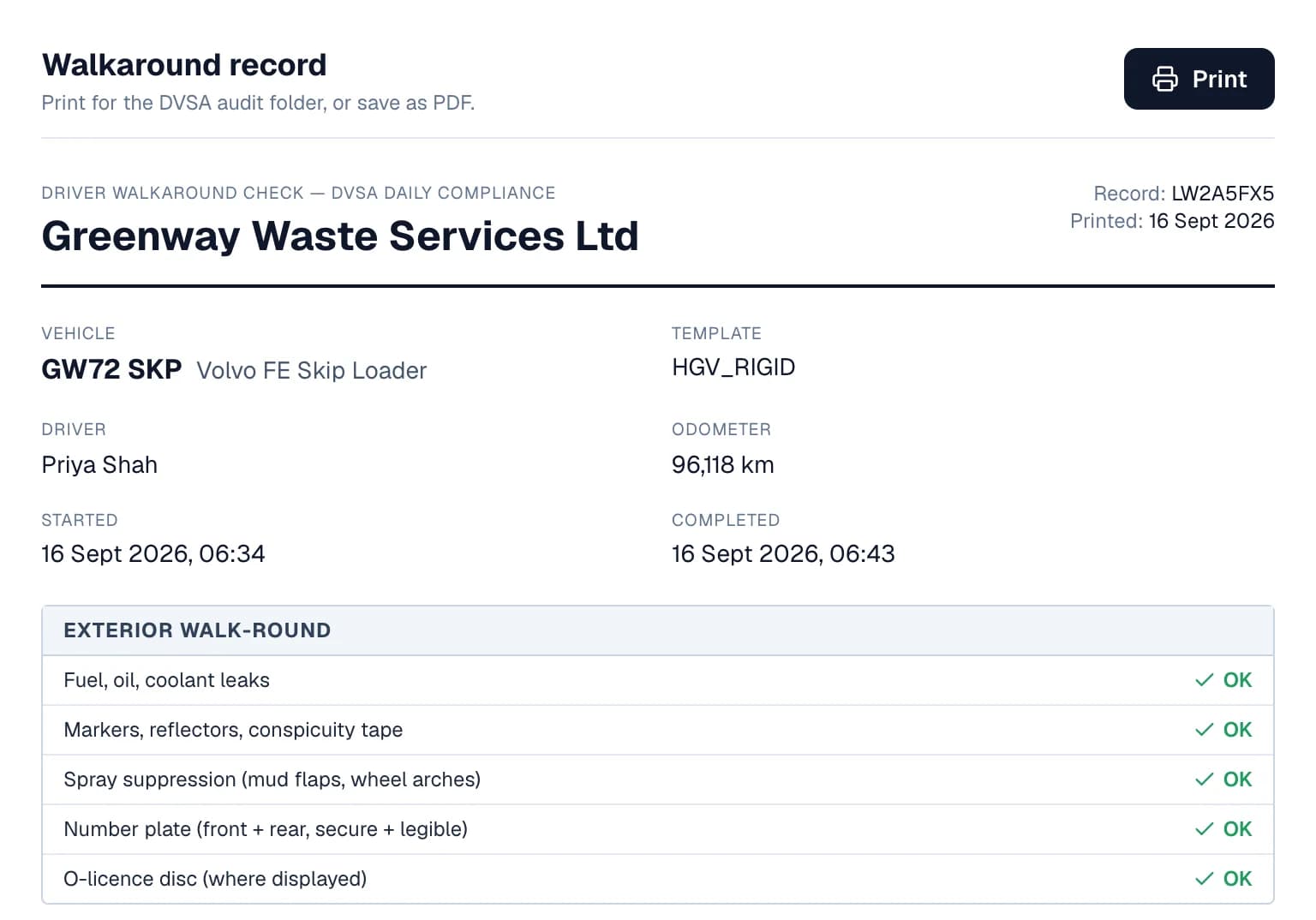 The top of a printable walkaround record for GW72 SKP: Greenway Waste Services Ltd, record reference and print date, the vehicle, template, driver Priya Shah, odometer, start and finish times, and the exterior walk-round lines each marked OK.