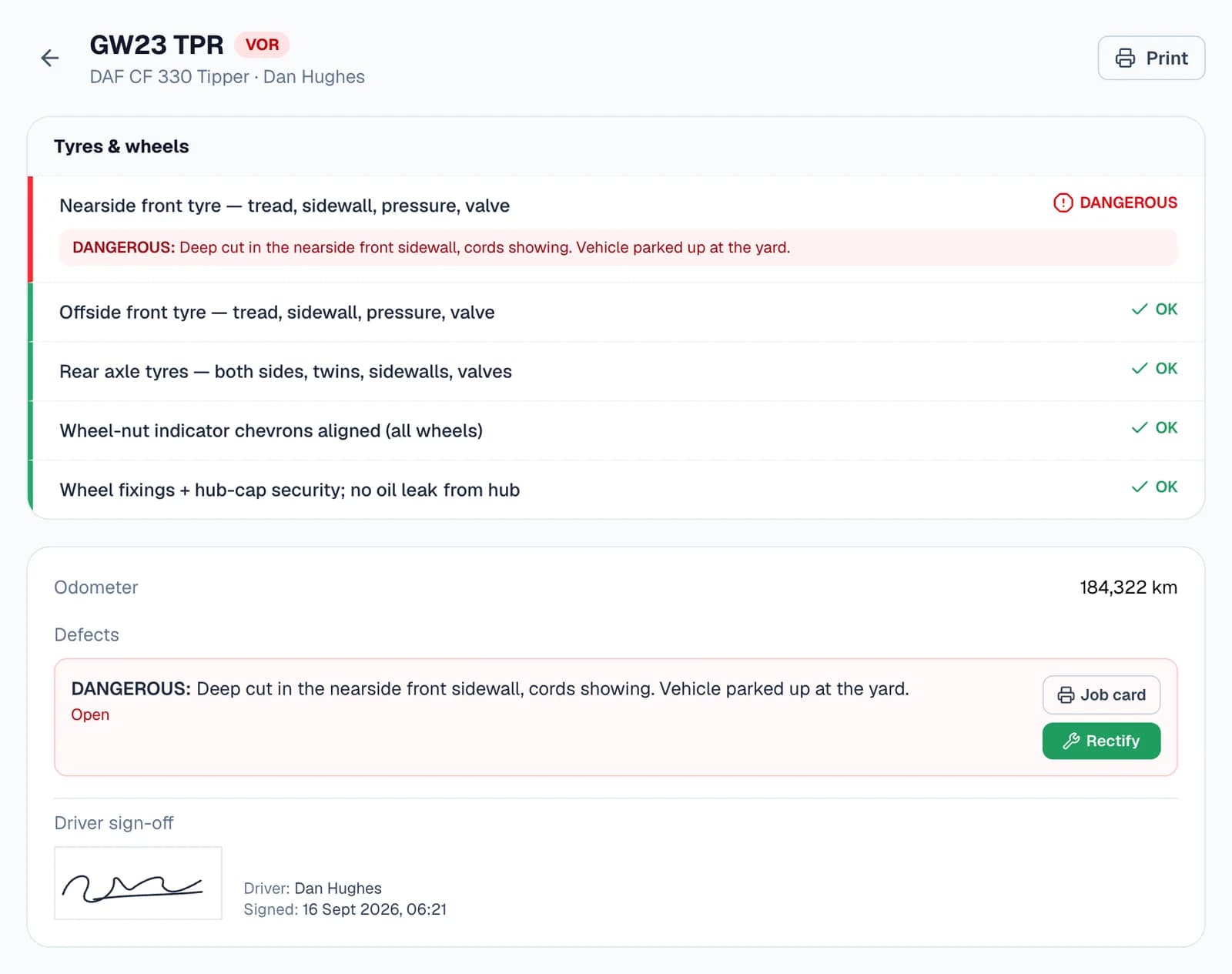 A completed check for GW23 TPR marked VOR: the nearside front tyre flagged DANGEROUS with its description, the odometer reading of 184,322 km, the open defect with Job card and Rectify buttons, and Dan Hughes's signature and signing time.