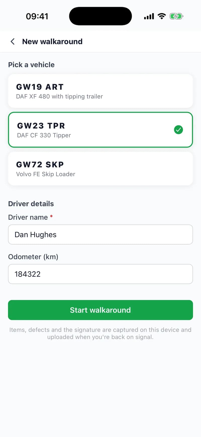 Starting a new walkaround in the app: three vehicles to pick from with GW23 TPR, a DAF CF 330 Tipper, selected, the driver's name Dan Hughes already filled in, an odometer reading of 184322 km and a Start walkaround button.