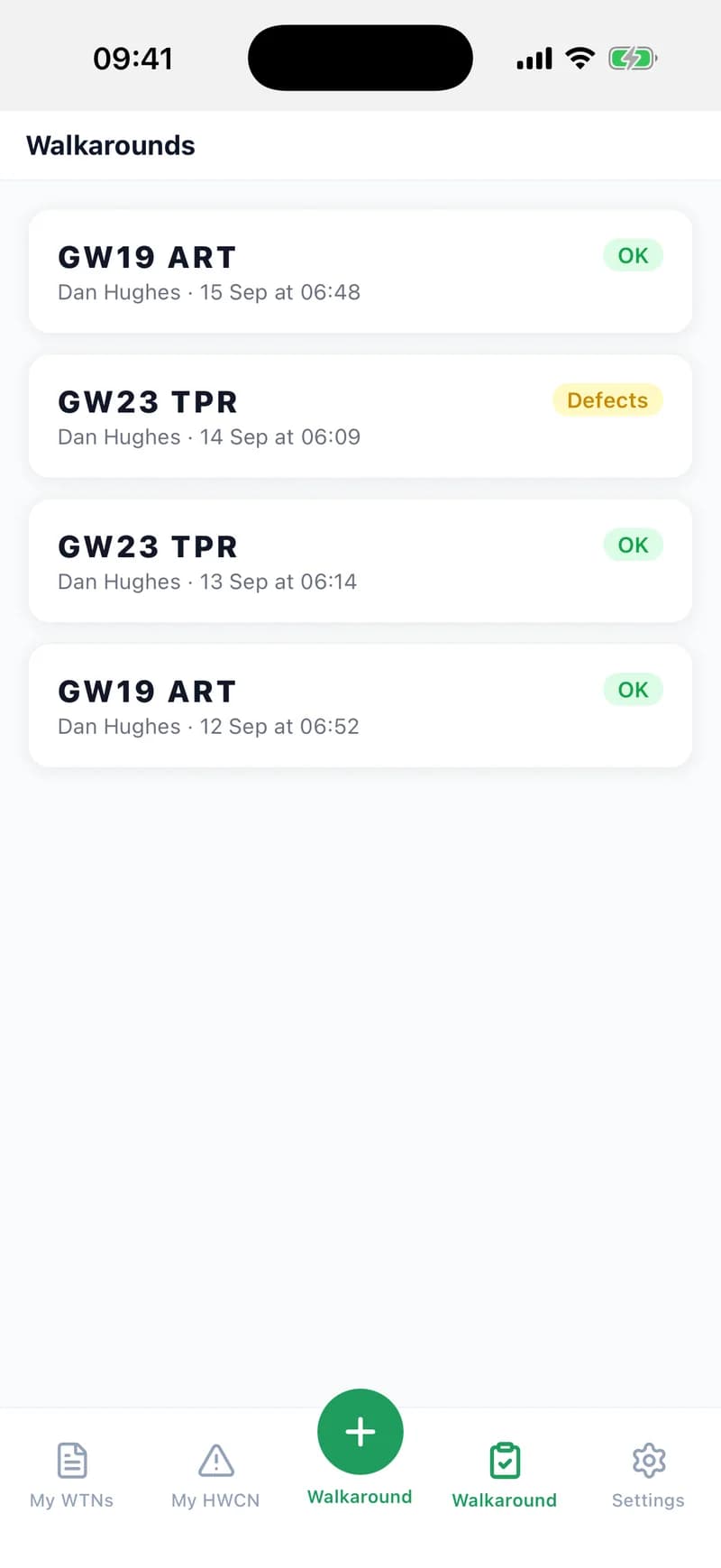 The Walkaround tab in the WTNcloud app for driver Dan Hughes: recent checks of GW19 ART and GW23 TPR marked OK or Defects, with a green + Walkaround button and the Walkaround tab in the bar at the bottom.