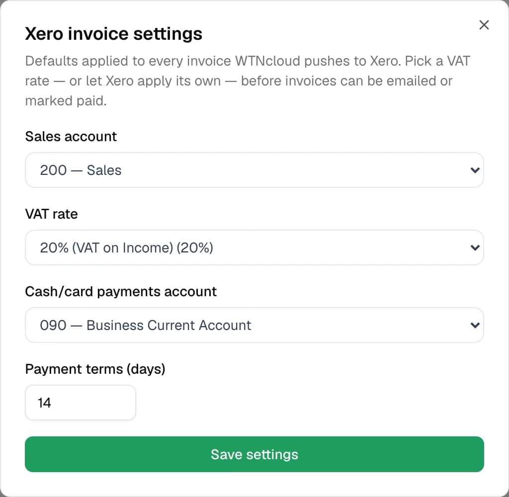 The Xero invoice settings dialog: sales account 200 — Sales, VAT rate 20% (VAT on Income), cash/card payments account 090 — Business Current Account, payment terms 14 days, and a Save settings button.