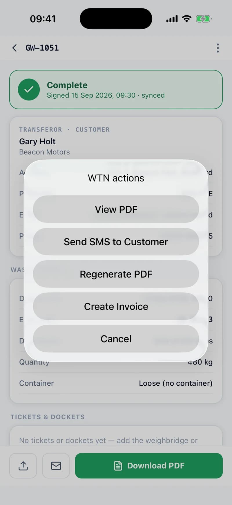 Waste transfer note GW-1051 in the WTNcloud app, complete, with the WTN actions menu open: View PDF, Send SMS to Customer, Regenerate PDF, Create Invoice and Cancel.