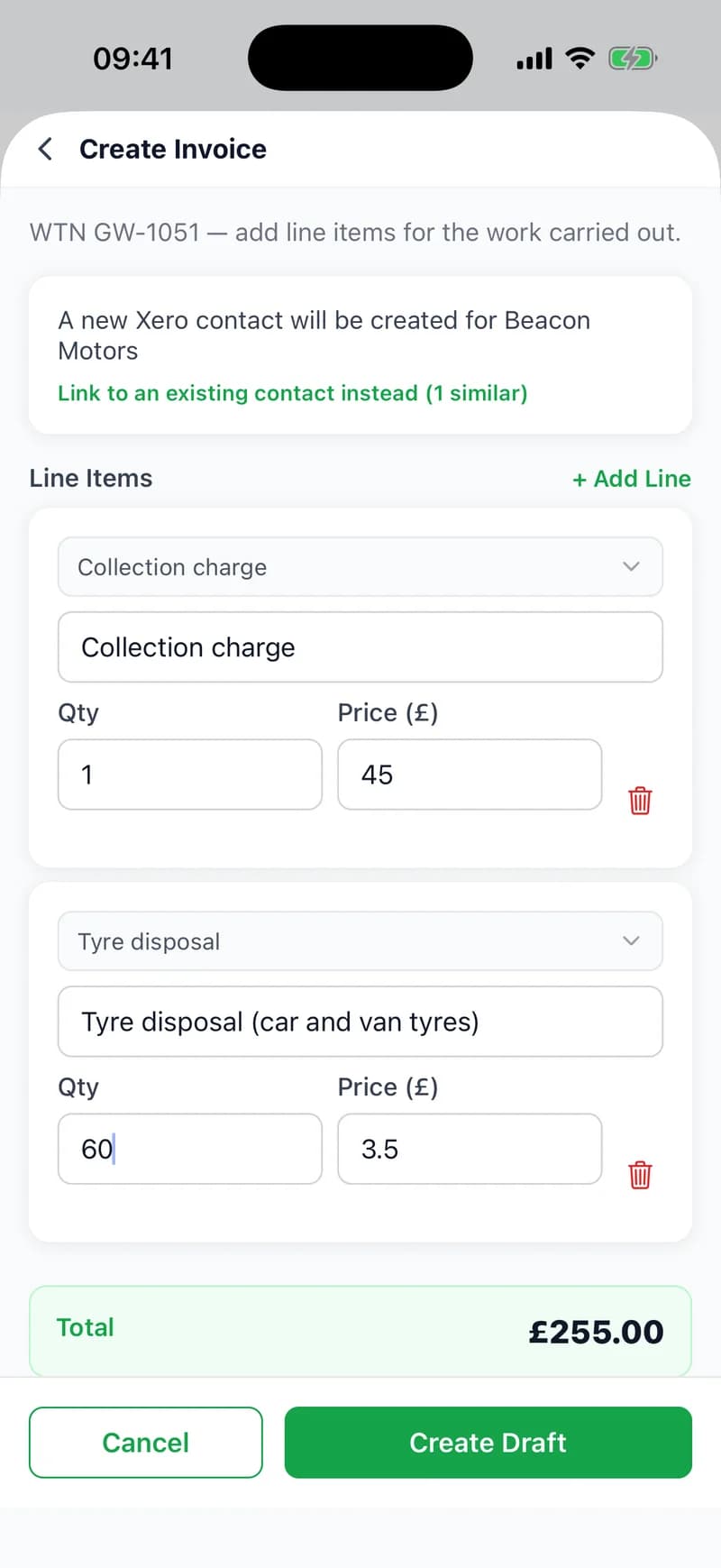 Create Invoice for WTN GW-1051 in the WTNcloud app. A note says a new Xero contact will be created for Beacon Motors, with a link to an existing contact instead (1 similar). Two line items: Collection charge, 1 at £45, and Tyre disposal (car and van tyres), 60 at £3.50, both picked from saved items. Total £255.00.