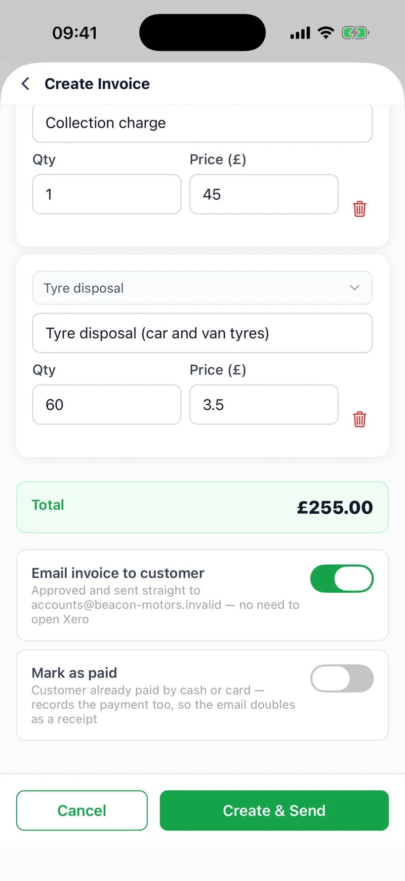 Further down the app's Create Invoice screen: the two lines, a total of £255.00, Email invoice to customer switched on for accounts@beacon-motors.invalid, Mark as paid switched off, and the button Create & Send.