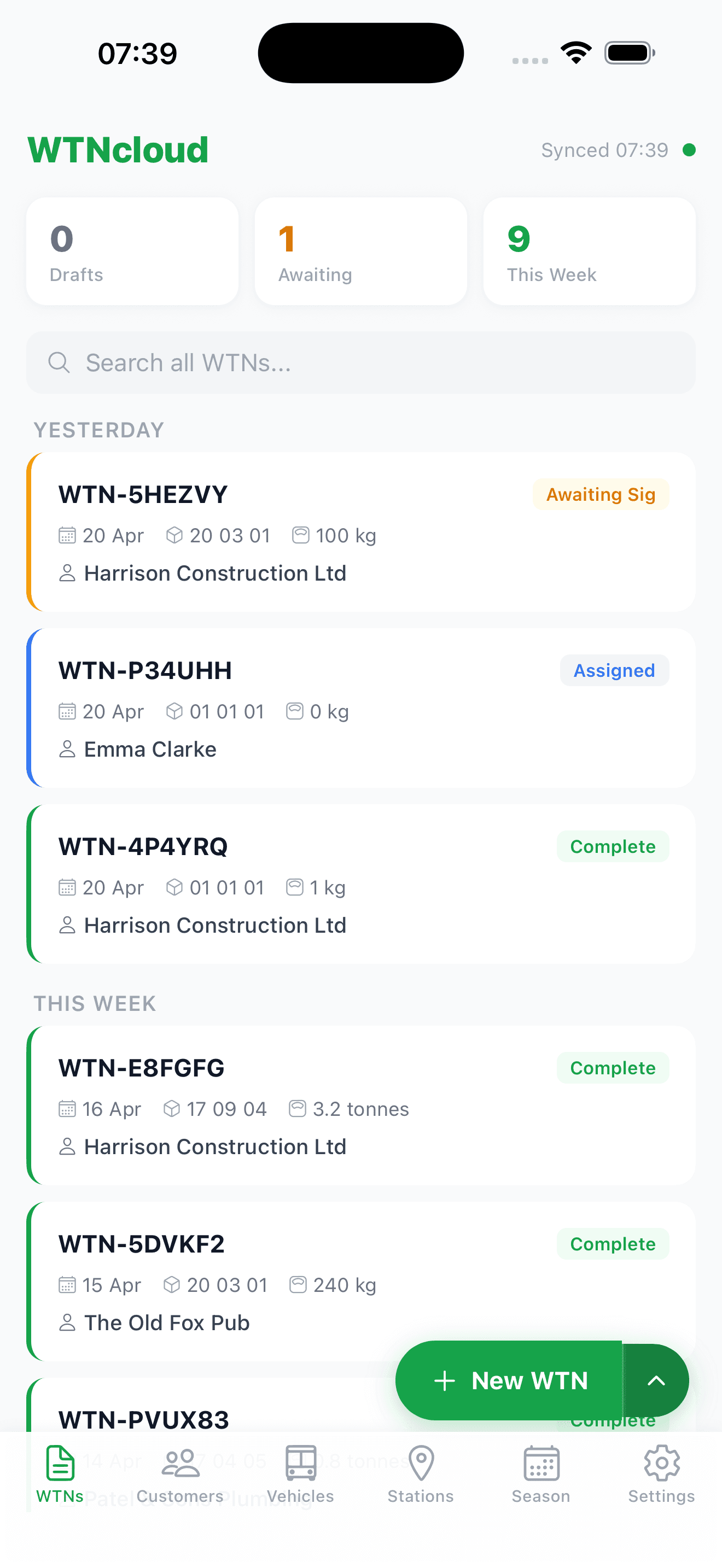 WTNcloud iPhone app: WTN list showing drafts, awaiting signatures, and completed waste transfer notes